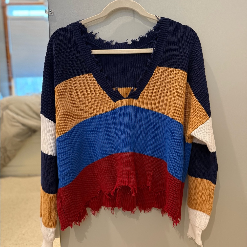Fate Women's V-Neck Sweater in Navy, Mustard, and Red